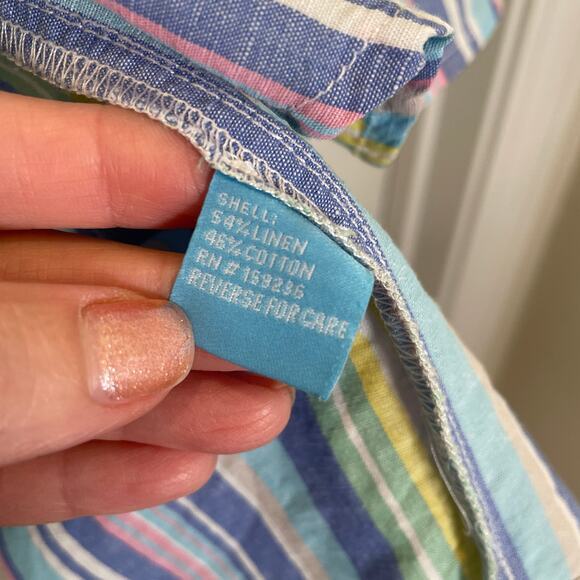 J. McLaughlin Fallon Tunic Blouse Candy Striped Linen Cotton Blue Pink L - Picture 3 of 7